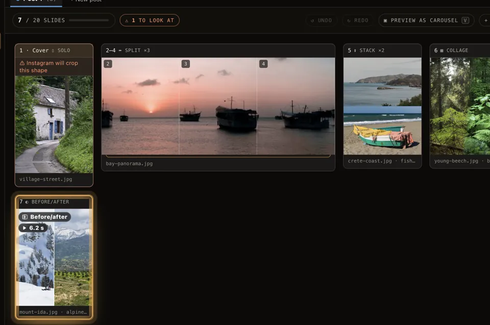 The Board: a cover photo, a panorama split across slides 2 to 4, two coast photos stacked into one slide, a collage and a before/after.