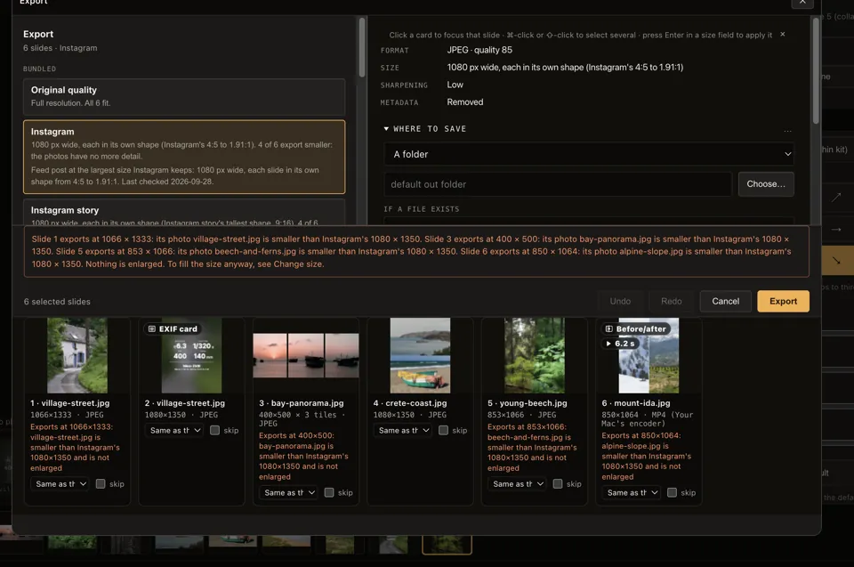 The Export dialog: the Instagram preset, a size note for each slide and a warning that four photos are smaller than the platform's size and are not enlarged.