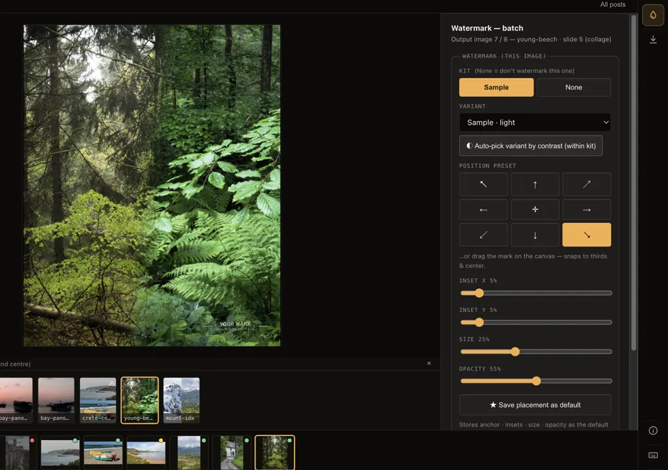 Watermark: a forest photo with the sample mark in the bottom-right corner and the placement controls.